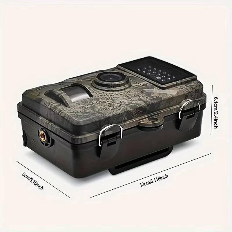 "Outdoor night vision wildlife trail camera capturing nocturnal wildlife with 16MP photos and HD videos in rugged terrain."