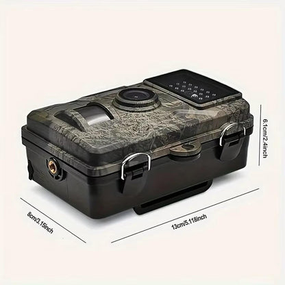 "Outdoor night vision wildlife trail camera capturing nocturnal wildlife with 16MP photos and HD videos in rugged terrain."