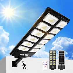 "Outdoor solar street light with 504 bright LEDs providing wide illumination, mounted on a pole, against a clear blue sky."