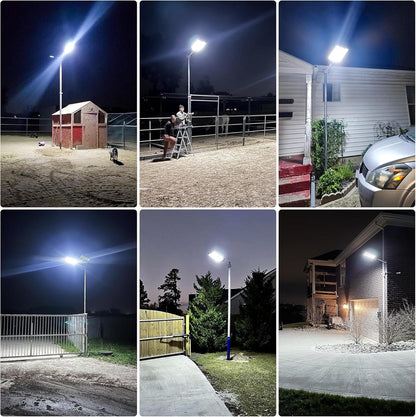 "Outdoor solar street light with 504 bright LEDs providing wide illumination, mounted on a pole, against a clear blue sky."