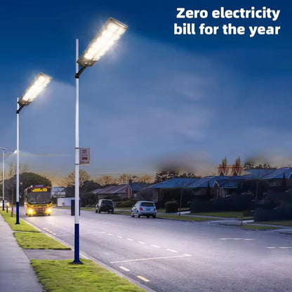 "Outdoor solar street light with 504 bright LEDs providing wide illumination, mounted on a pole, against a clear blue sky."