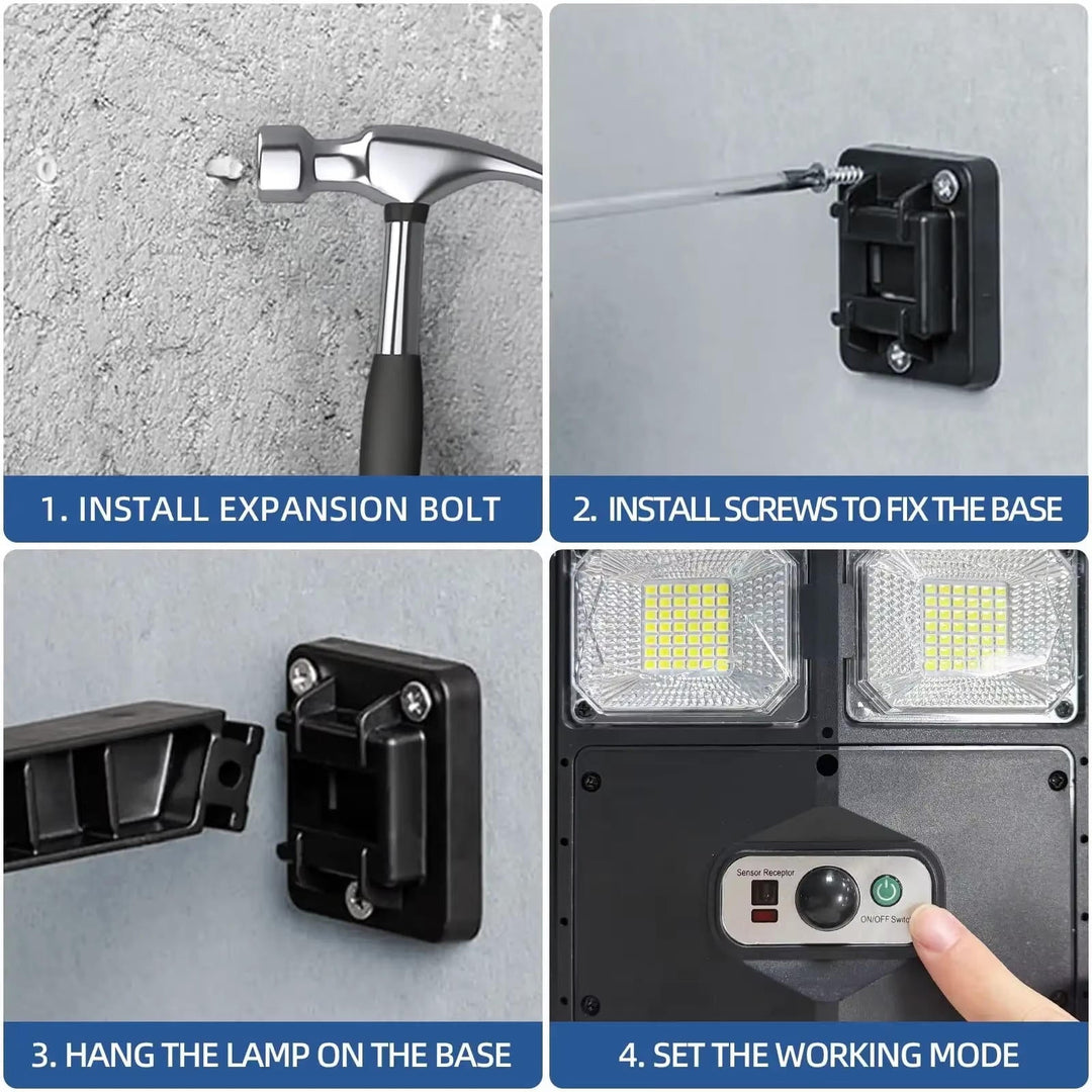 "Outdoor solar street light with 504 bright LEDs providing wide illumination, mounted on a pole, against a clear blue sky."