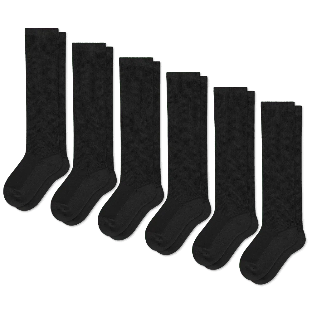 Top-down view of two black comfort circulation socks, highlighting their versatile design.