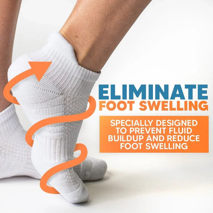 Model wearing gray ankle compression socks, showcasing them as footwear for active individuals.