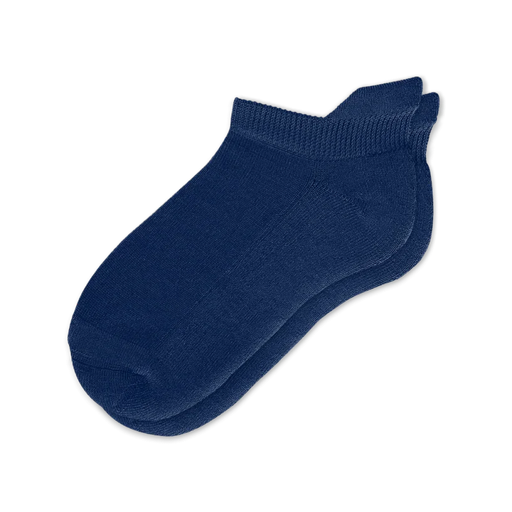 Stack of navy blue compression socks, showcasing the quality and design of the footwear