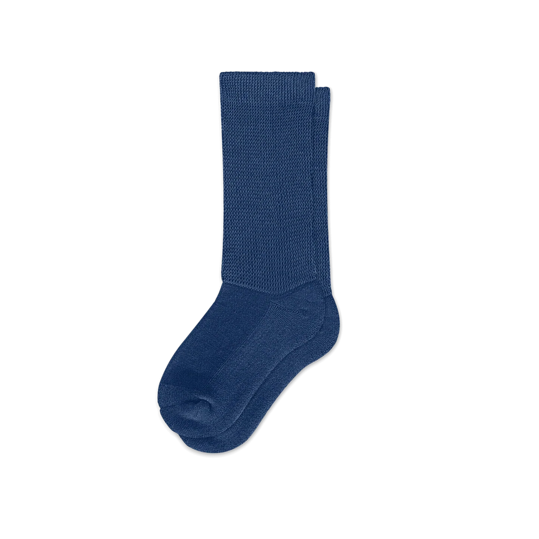 Close-up of a single navy blue compression sock, highlighting its stretch and supportive fabric