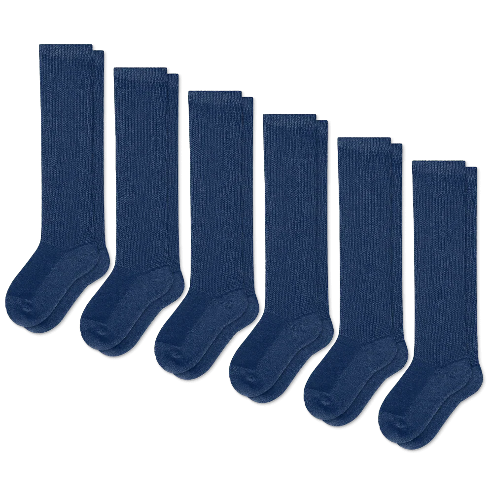 Detailed view of the top band of navy blue unisex compression socks for secure fit