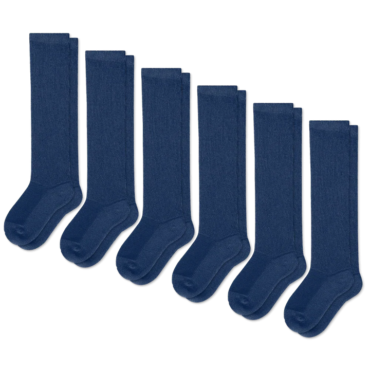 Detailed view of the top band of navy blue unisex compression socks for secure fit