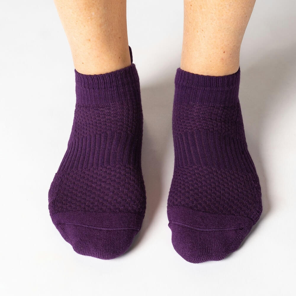 Close-up of royal purple ankle compression sock with texture details, offering comfort and support.