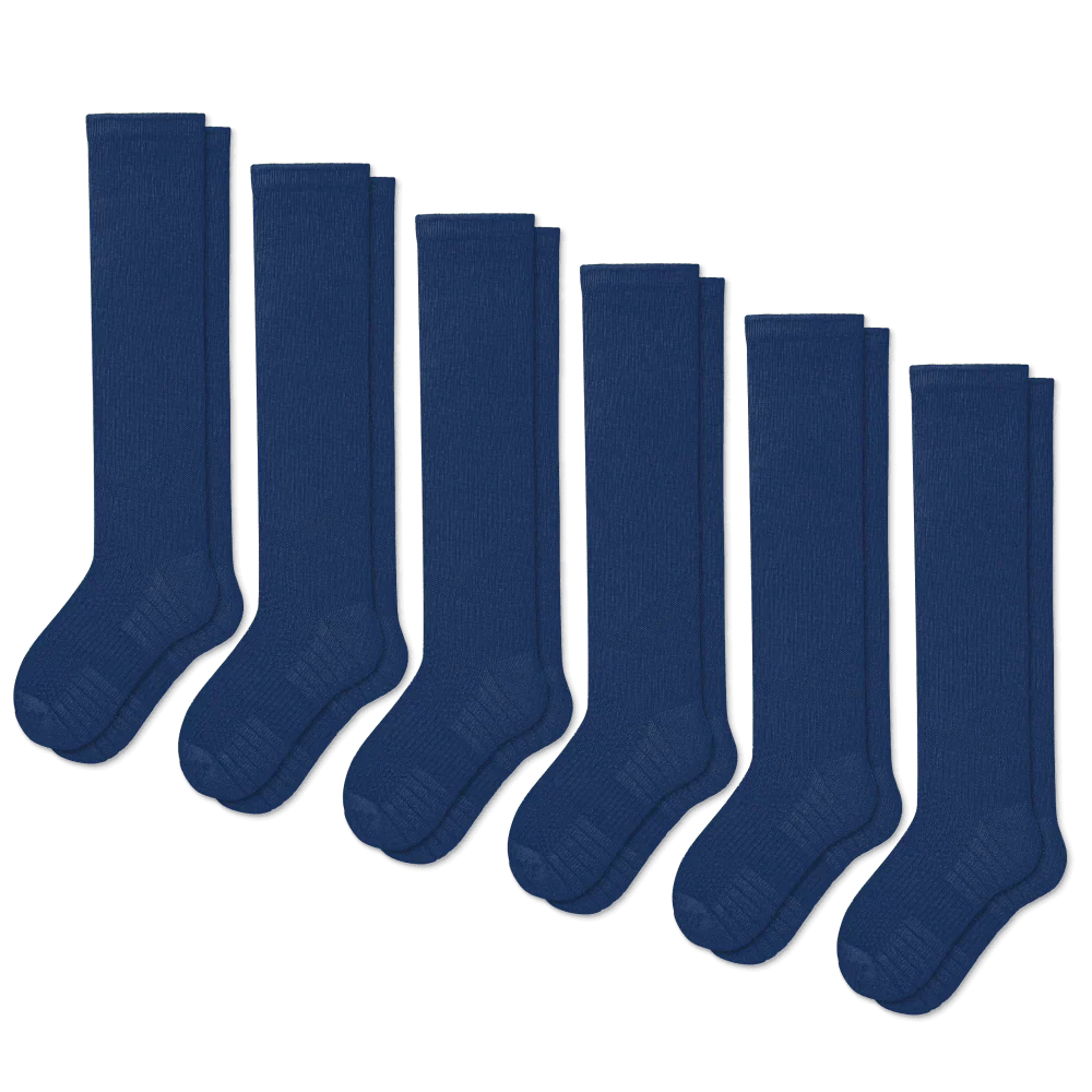 Unisex navy blue compression socks with a gentle stretch, designed for all-day comfort and support.