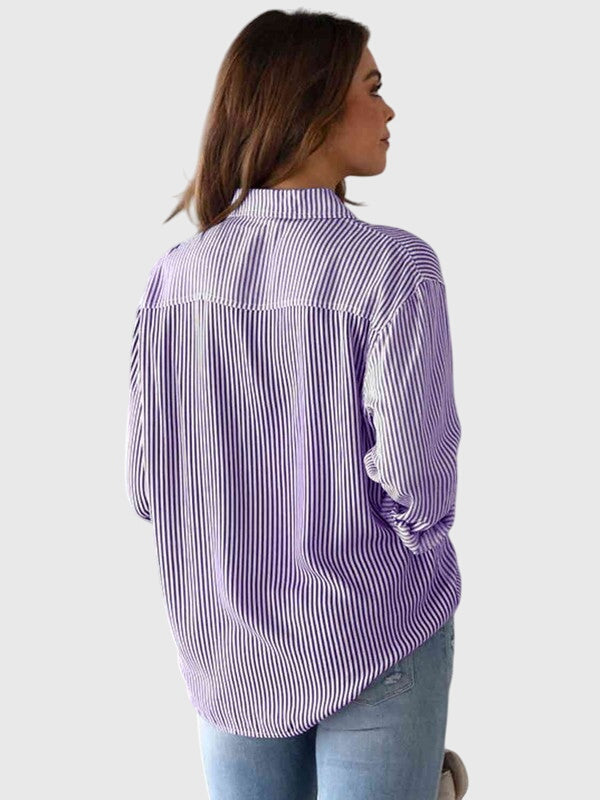 Blue striped collared long-sleeve women's shirt, versatile for casual & office wear.