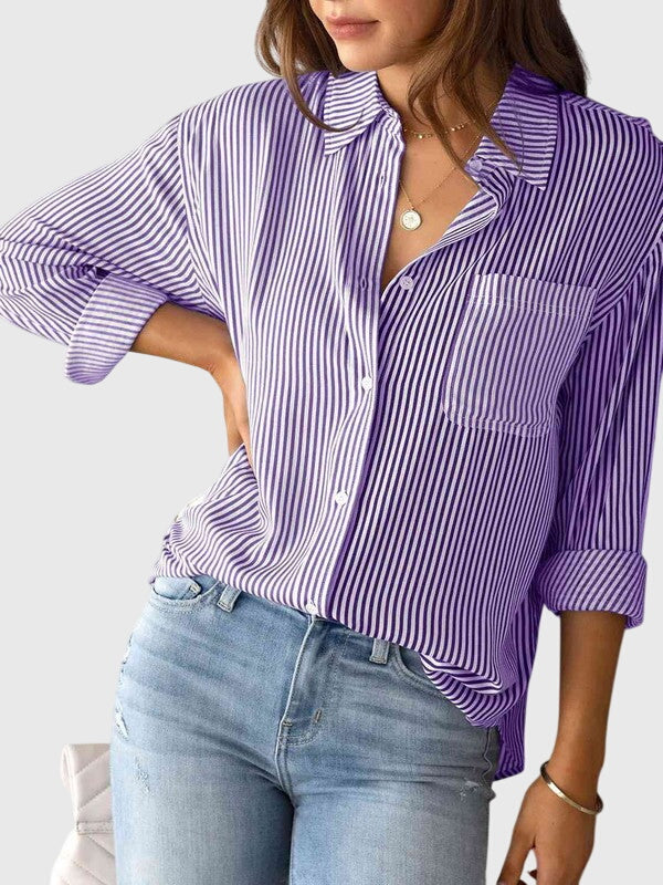 Stylish blue striped collared women's top, perfect everyday fashion.