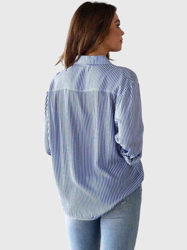 Effortless green striped long-sleeve women's shirt, ideal for office & casual style.