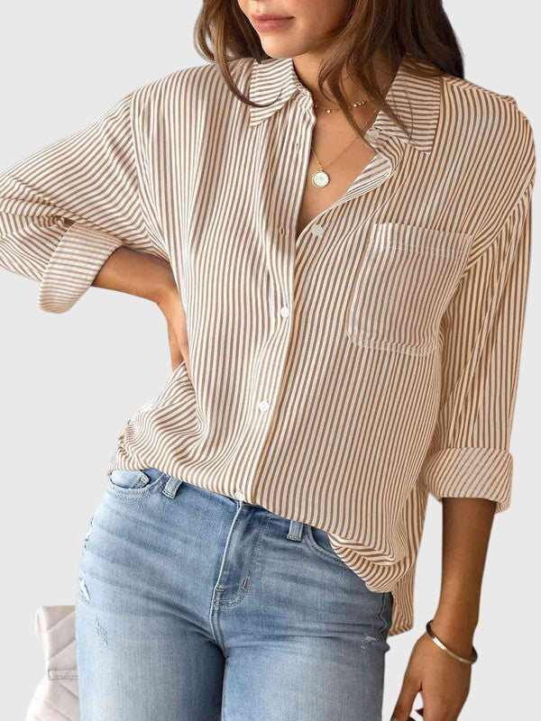Women's green striped collared shirt, a chic & versatile long-sleeve top.