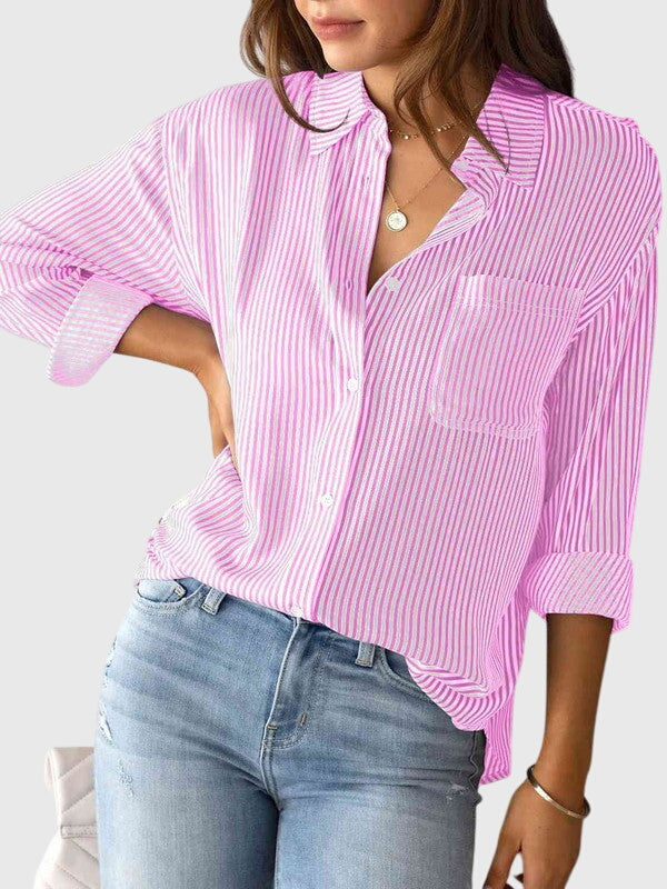 Violet striped collared long-sleeve women's shirt, versatile for casual & office wear.