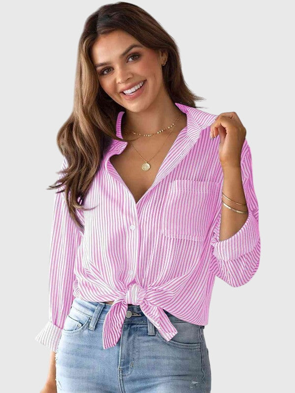 Casual violet striped collared women's shirt, a stylish everyday long-sleeve top.