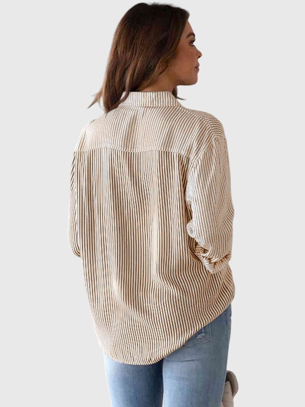 Sand striped collared long-sleeve women's shirt, versatile for casual & office wear.