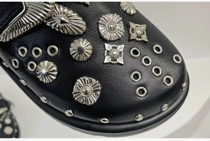 Comfortable women's studded platform sandals in black, designed for bold fashion statements.