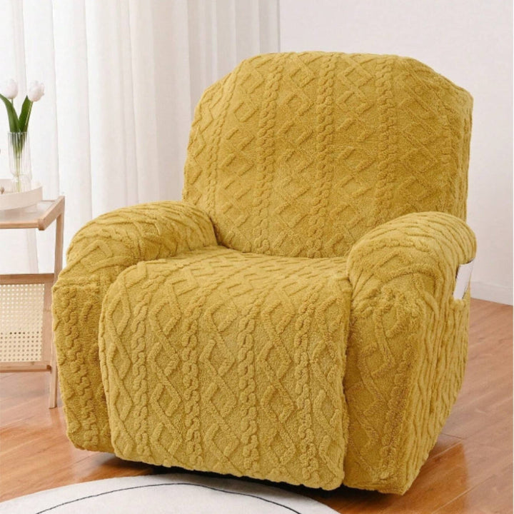 Warm Plush Cable Knit Recliner Cover. Jacquard slipcover offers cozy comfort, protects furniture & enhances home decor.