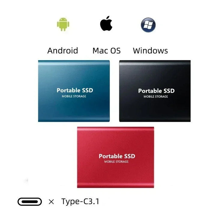 USB-C compatible 128TB external SSD for ultra-fast data transfer & storage across laptops, tablets, & phones.