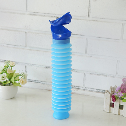 Portable anti-leak pocket toilet, blue ABS plastic, 25.4 fl oz capacity, compact travel urinal for camping and emergencies.