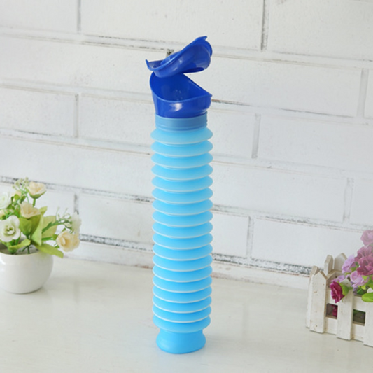 Portable anti-leak pocket toilet, blue ABS plastic, 25.4 fl oz capacity, compact travel urinal for camping and emergencies.