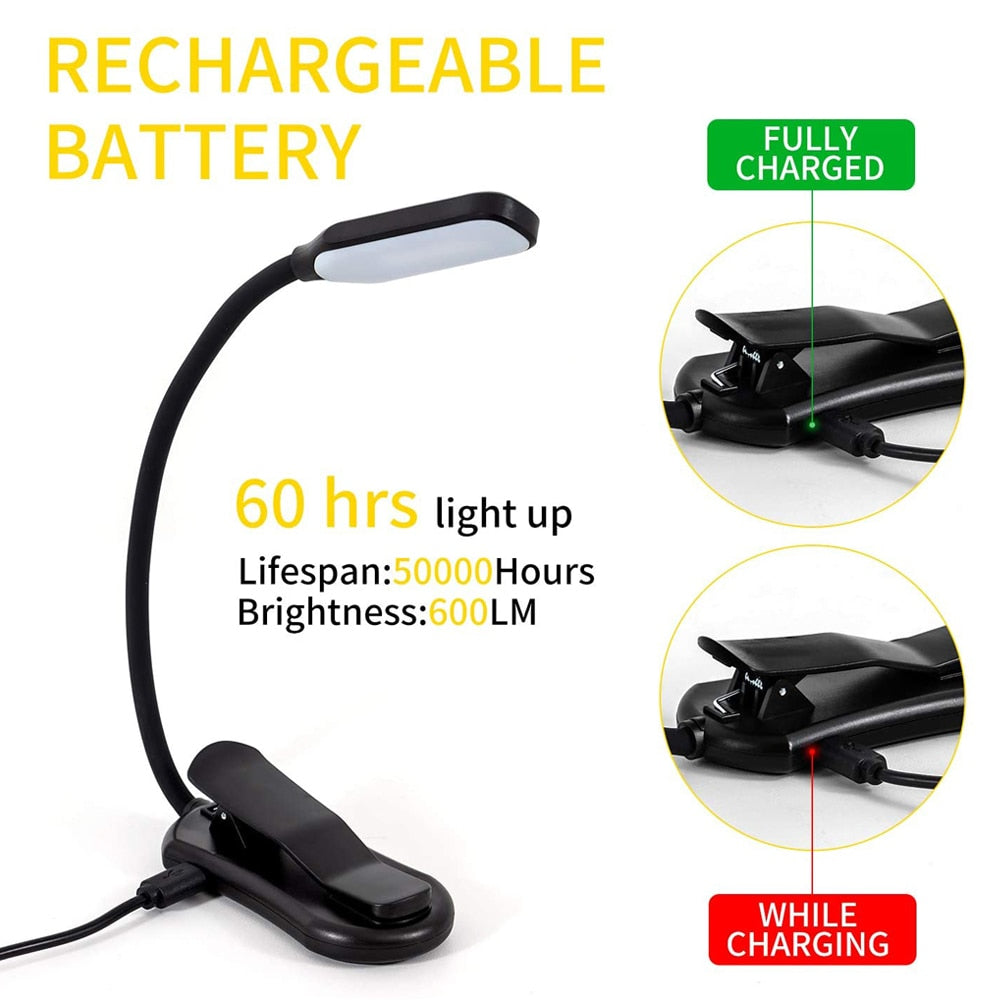 Portable black reading lamp with adjustable clamp, three color modes, and long battery life for custom lighting solutions.