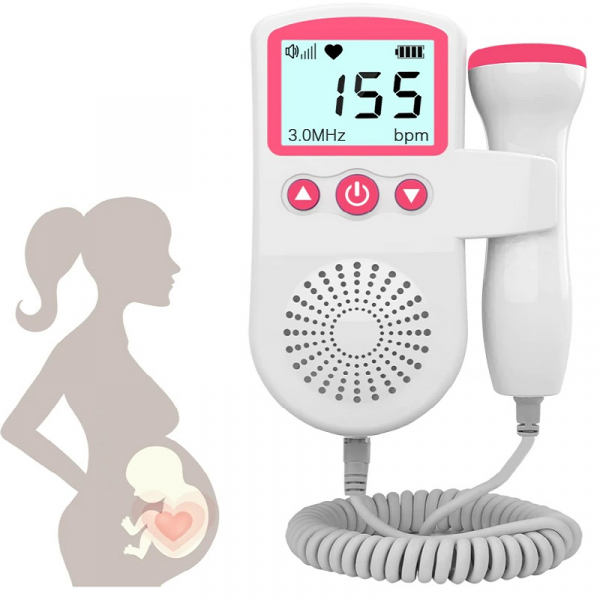 "Portable fetal doppler heart rate monitor with backlit LCD, ergonomic design, and 3MHz probe for expectant mothers."