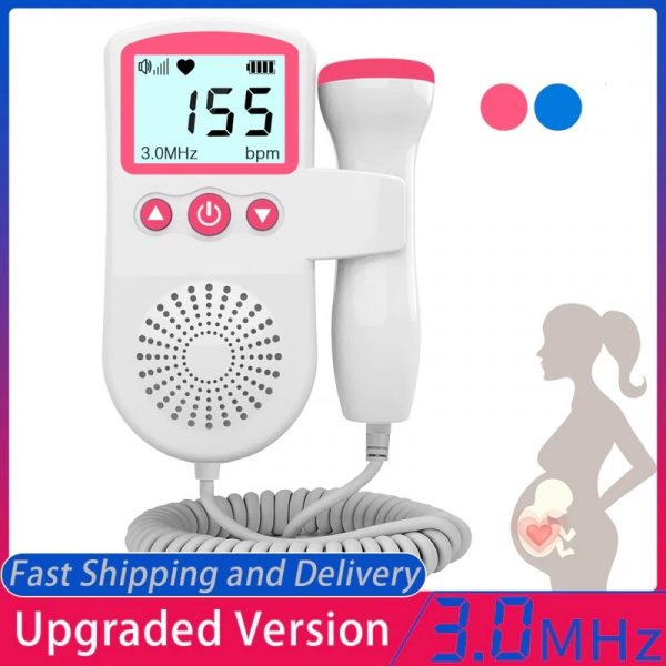 "Portable fetal doppler heart rate monitor with backlit LCD, ergonomic design, and 3MHz probe for expectant mothers."