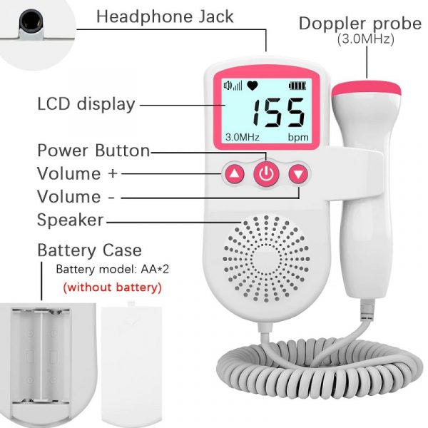 "Portable fetal doppler heart rate monitor with backlit LCD, ergonomic design, and 3MHz probe for expectant mothers."