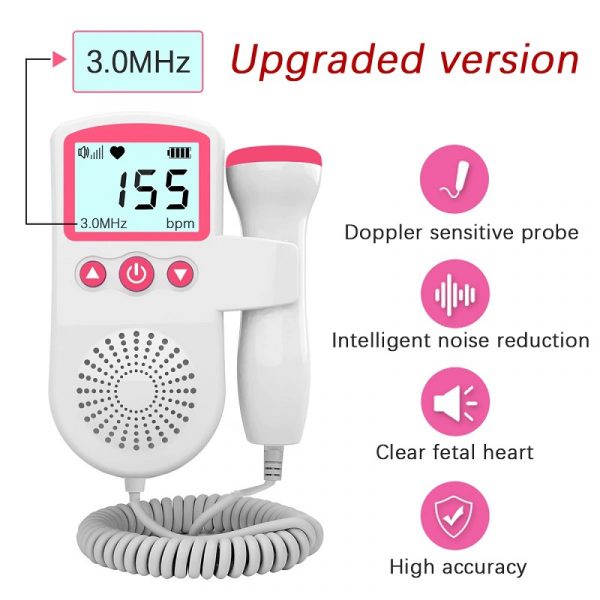 "Portable fetal doppler heart rate monitor with backlit LCD, ergonomic design, and 3MHz probe for expectant mothers."