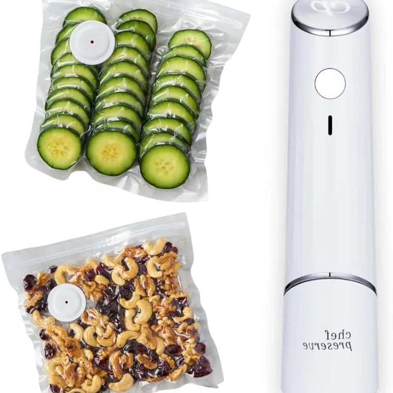 "Portable rechargeable vacuum sealer with reusable bags, compact design for kitchen use, ideal for food freshness preservatio