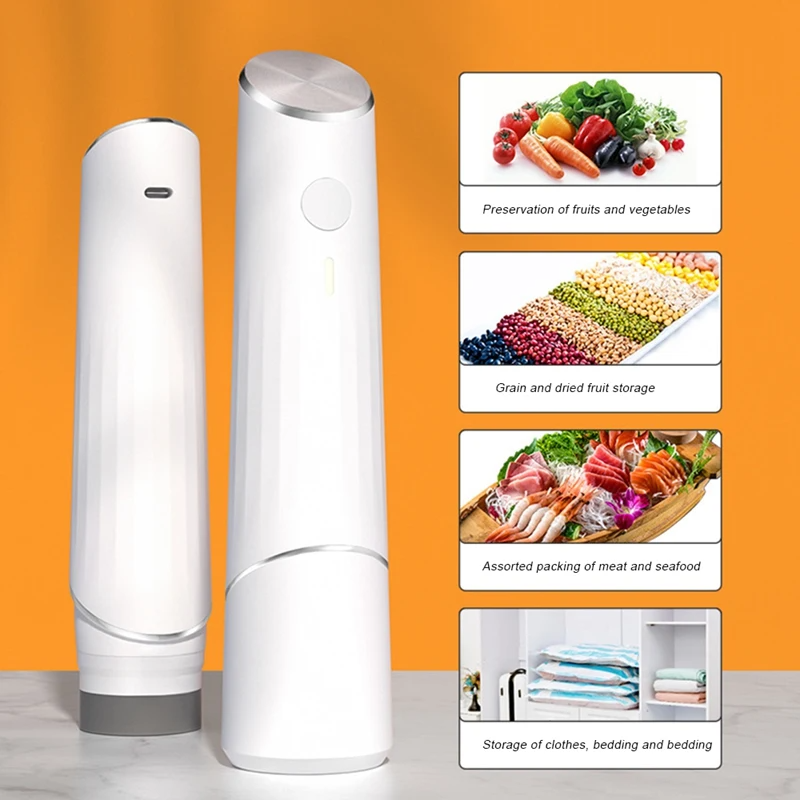 "Portable rechargeable vacuum sealer with reusable bags, compact design for kitchen use, ideal for food freshness preservatio