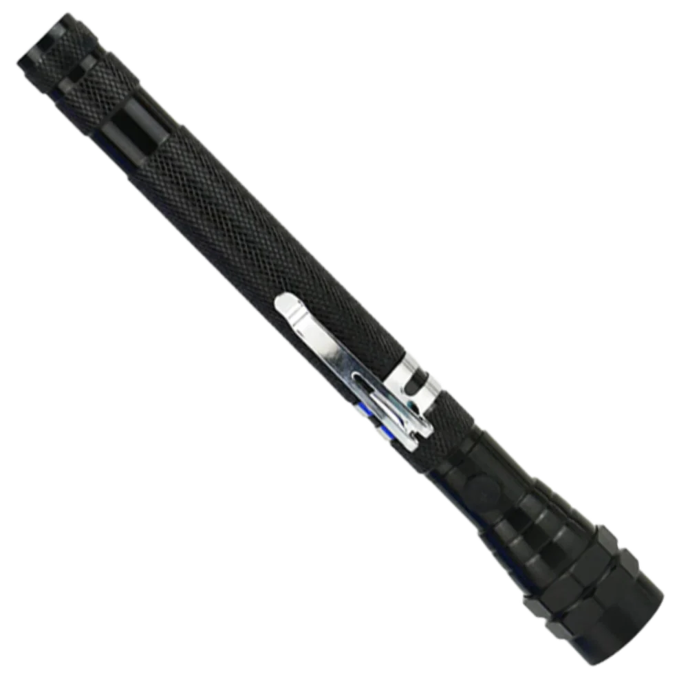 Portable telescopic magnetic LED flashlight with flexible neck, durable metal body, and luminous LEDs for versatile use.