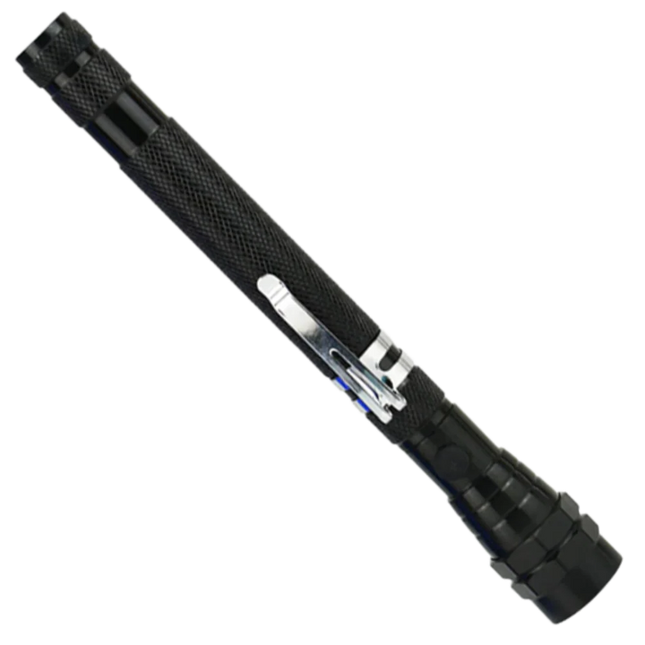 Portable telescopic magnetic LED flashlight with flexible neck, durable metal body, and luminous LEDs for versatile use.