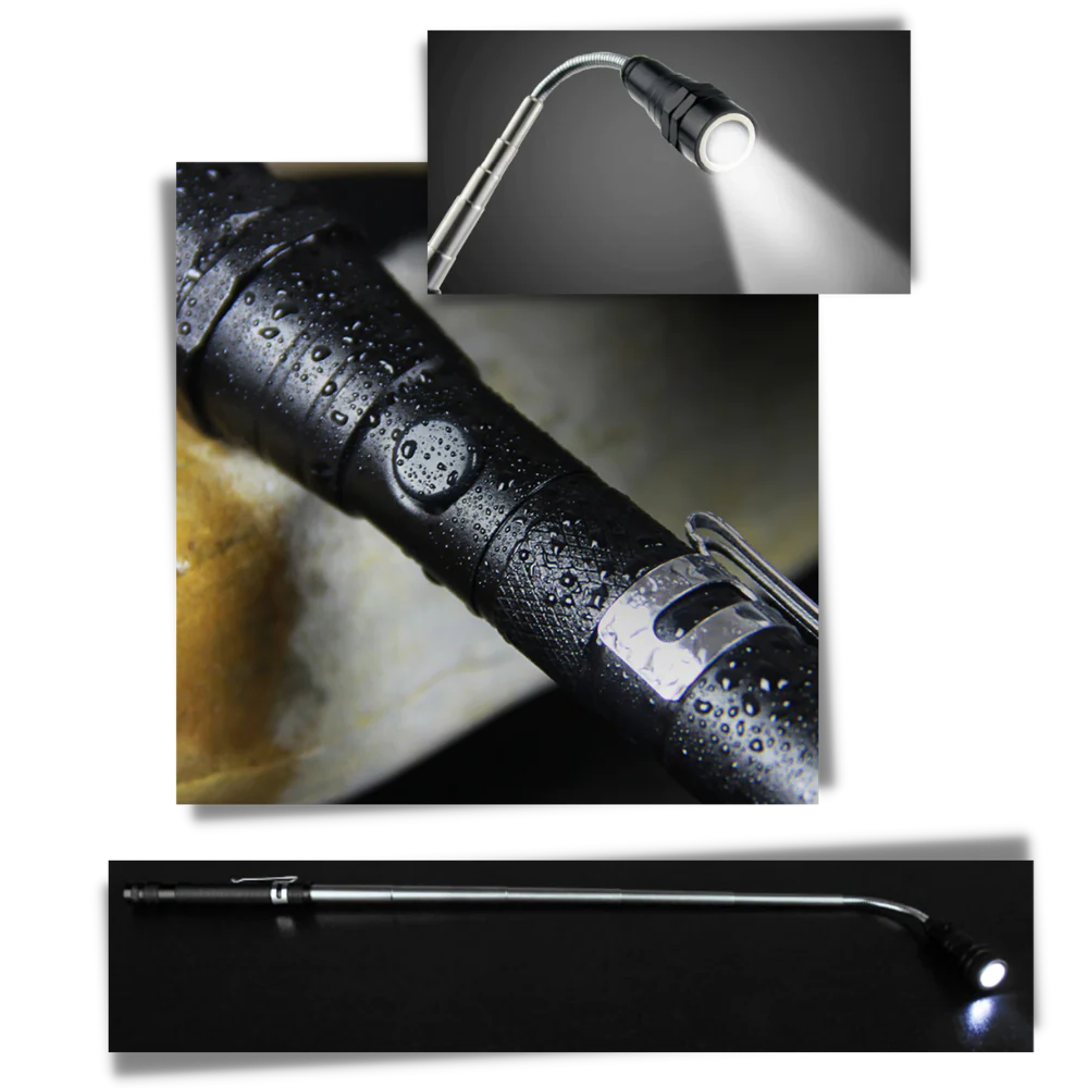 Portable telescopic magnetic LED flashlight with flexible neck, durable metal body, and luminous LEDs for versatile use.