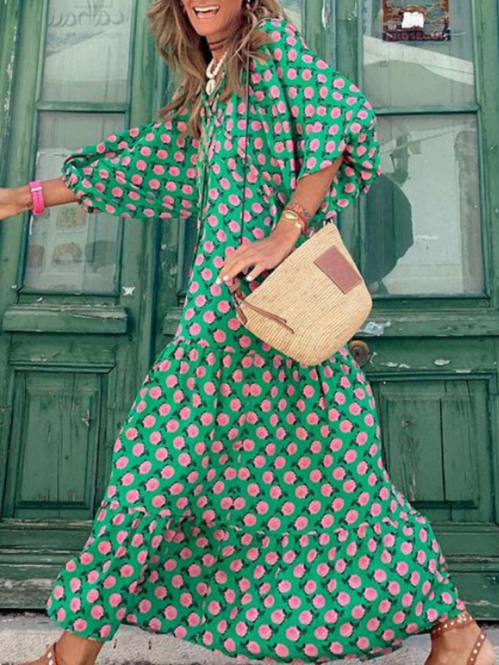Summer casual women's maxi dress, ankle length, vibrant print, and defined waist.