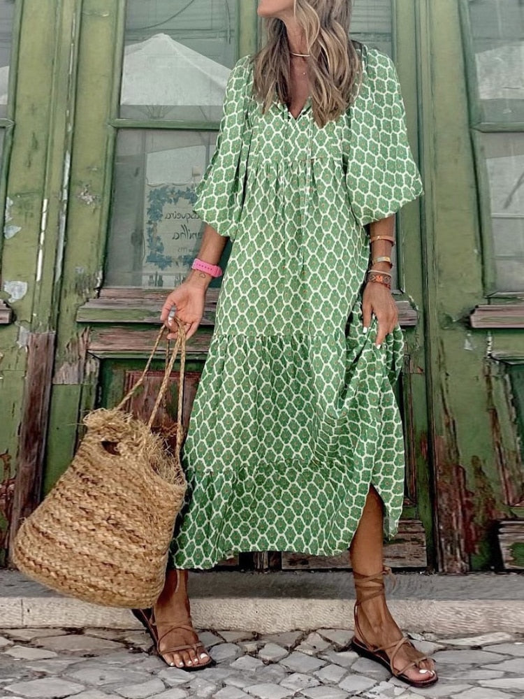 Elegant party maxi dress for women, printed design, comfortable waistband, and flowy skirt.