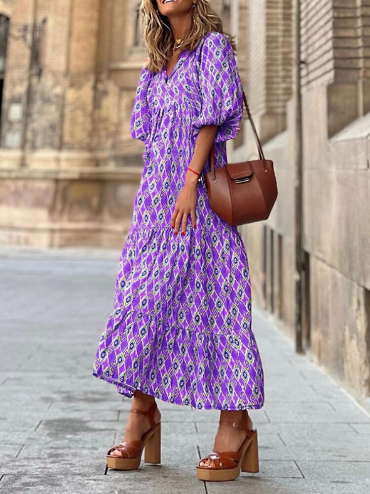 Printed summer dress, short sleeve, ankle length, perfect for women's casual or party wear.