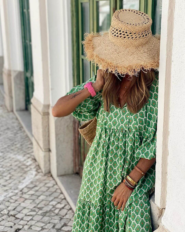 Flowy ankle-length maxi dress, printed pattern, with a flattering waistband for women.