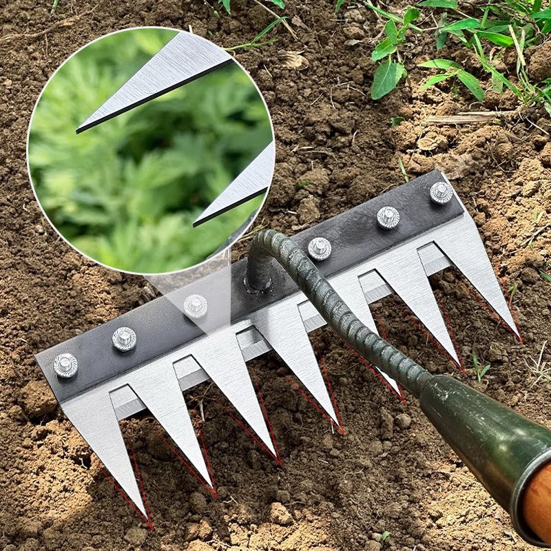 "Professional garden rake with interchangeable heads, ergonomic design, carbon steel, suitable for precise gardening tasks."