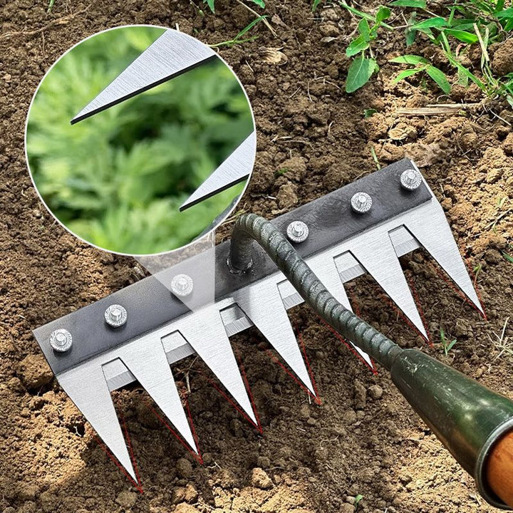 "Professional garden rake with interchangeable heads, ergonomic design, carbon steel, suitable for precise gardening tasks."