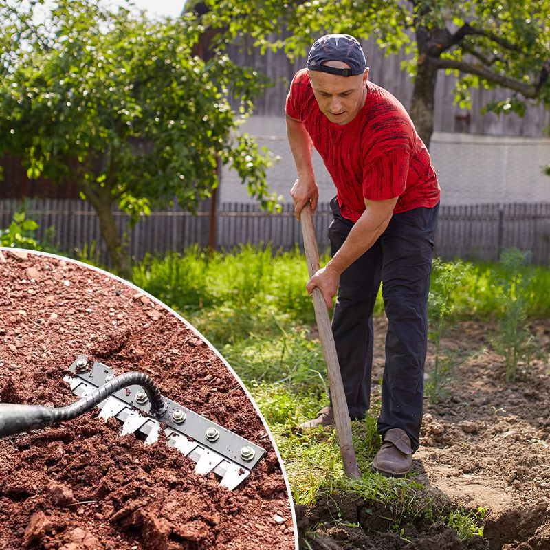 "Professional garden rake with interchangeable heads, ergonomic design, carbon steel, suitable for precise gardening tasks."
