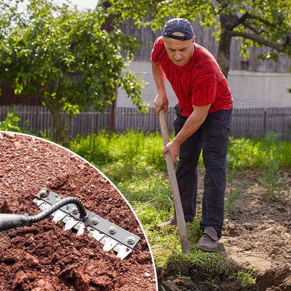"Professional garden rake with interchangeable heads, ergonomic design, carbon steel, suitable for precise gardening tasks."