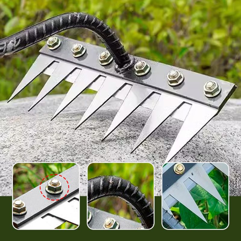 "Professional garden rake with interchangeable heads, ergonomic design, carbon steel, suitable for precise gardening tasks."