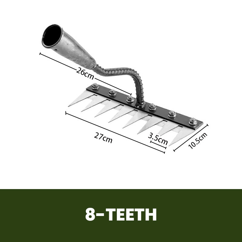 "Professional garden rake with interchangeable heads, ergonomic design, carbon steel, suitable for precise gardening tasks."