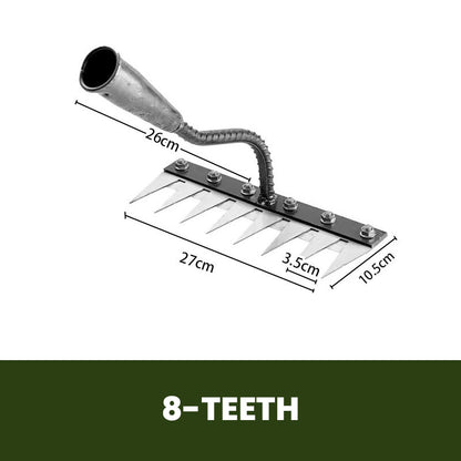 "Professional garden rake with interchangeable heads, ergonomic design, carbon steel, suitable for precise gardening tasks."