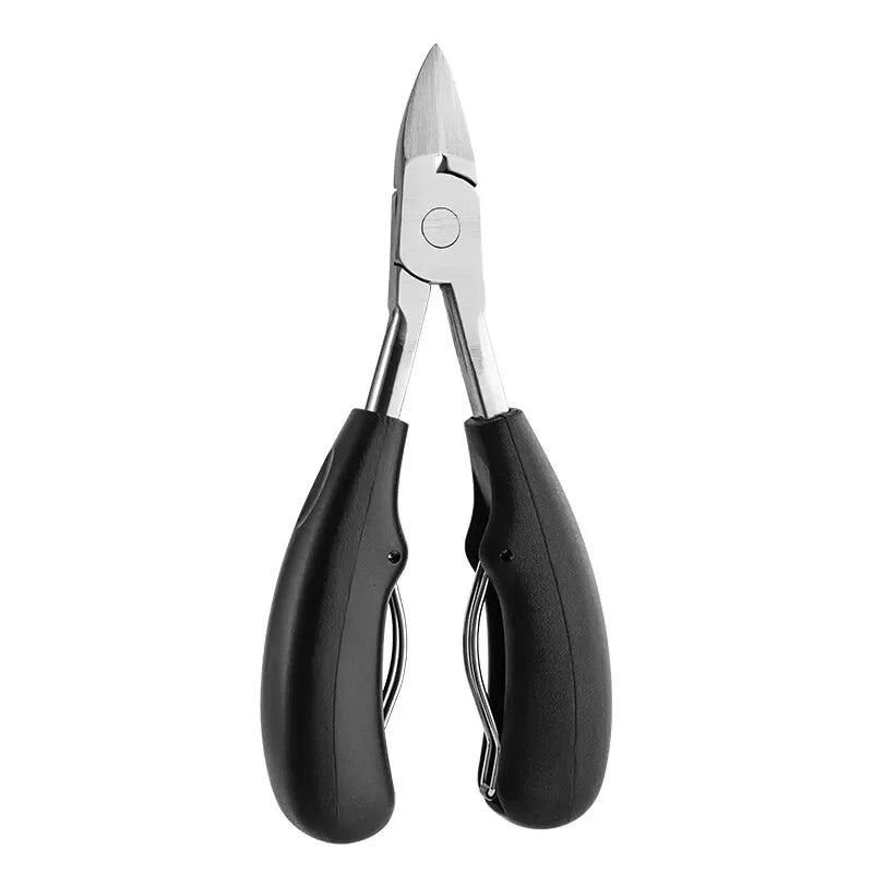 Professional nail clippers with wide-jaw, carbon steel blades, ergonomic grip for seniors' thick nails, in sleek black finish