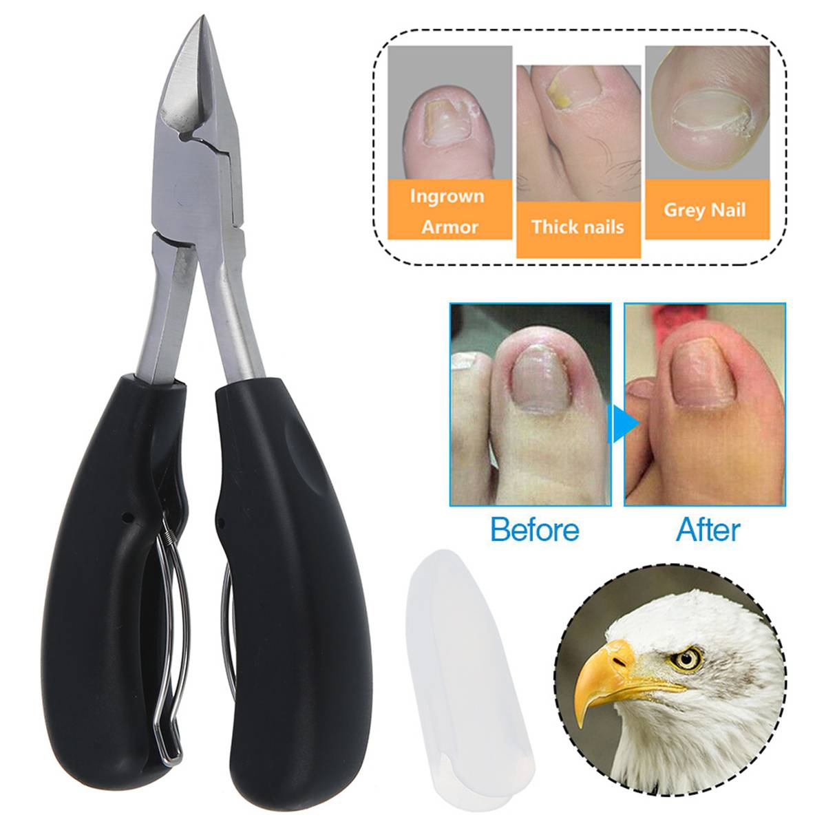 Professional nail clippers with wide-jaw, carbon steel blades, ergonomic grip for seniors' thick nails, in sleek black finish