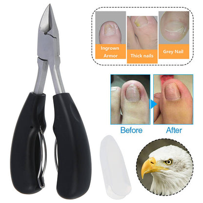 Professional nail clippers with wide-jaw, carbon steel blades, ergonomic grip for seniors' thick nails, in sleek black finish